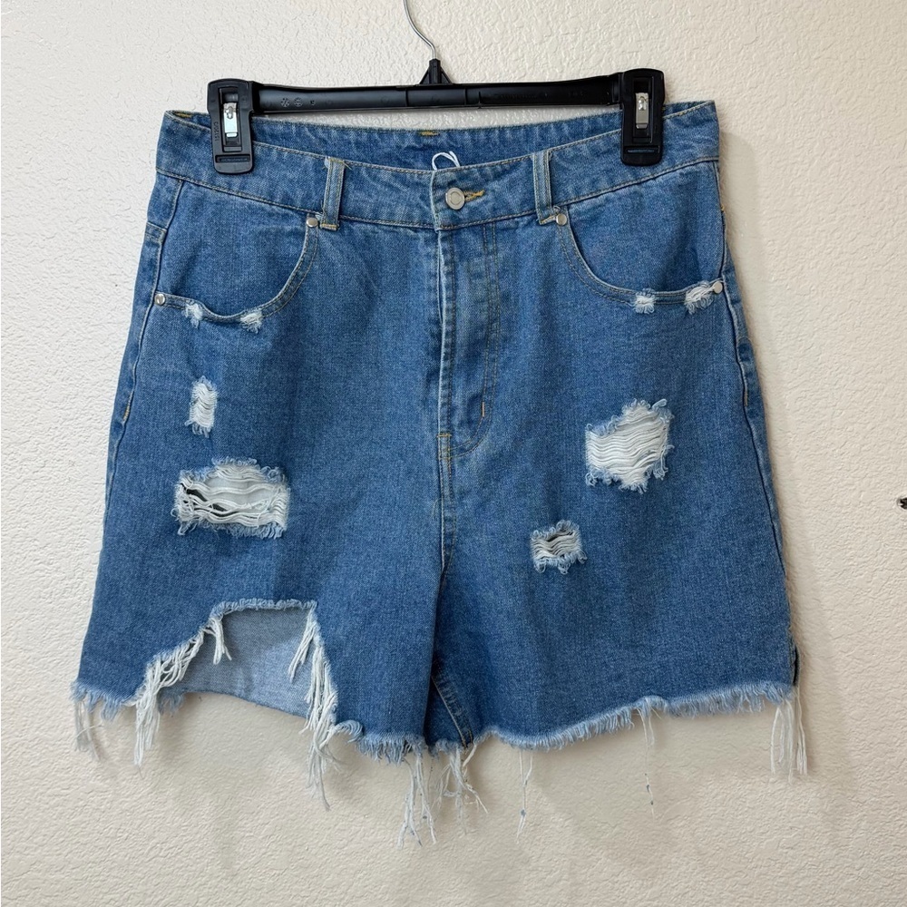 HYFVE Blue Distressed Jean Shorts blue high-rise raw hem shorts